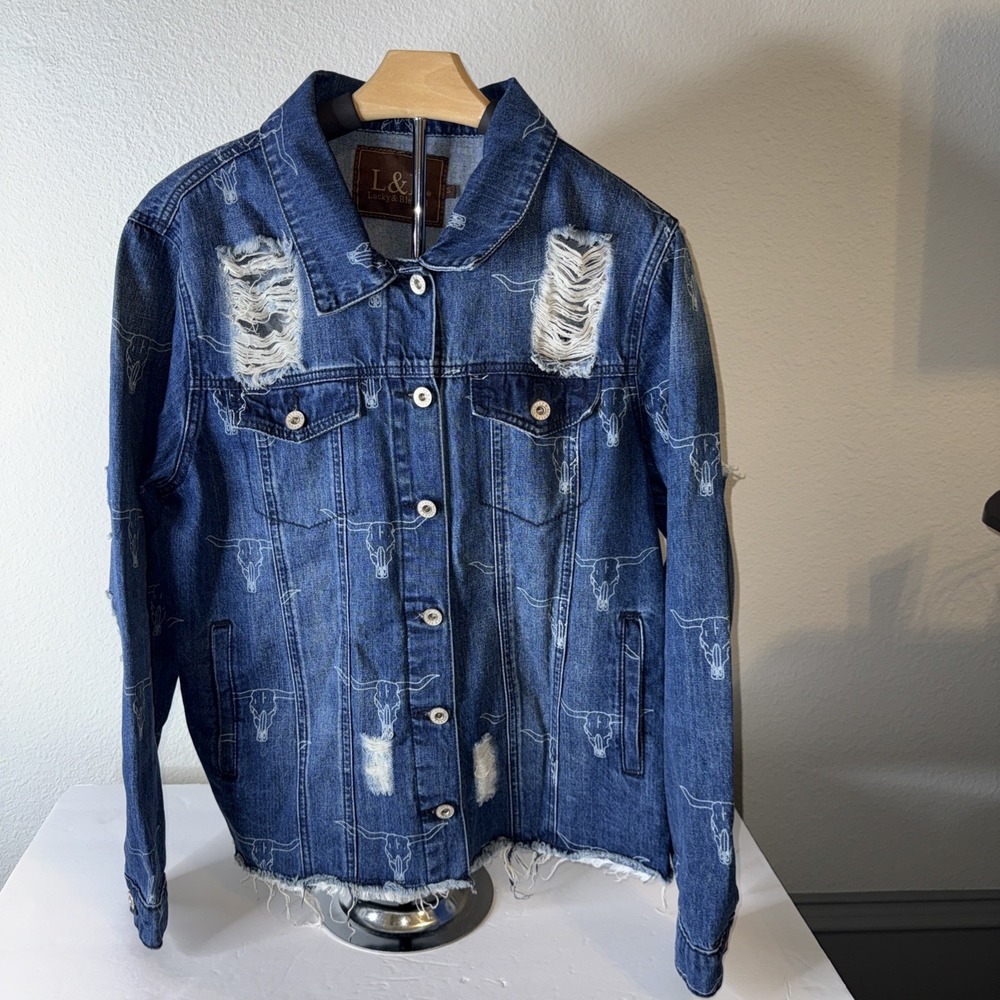 Lucky & Blessed Denim Jacket Distressed Blue Size S E0058